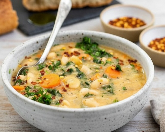 Hearty Vegan Tuscan White Bean Soup with Spinach and Herbs suggested serving