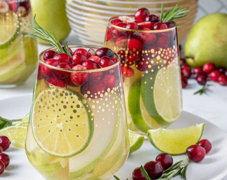 Maria's Elegant White Christmas Sangria Cranberry Rosemary Cinnamon top view