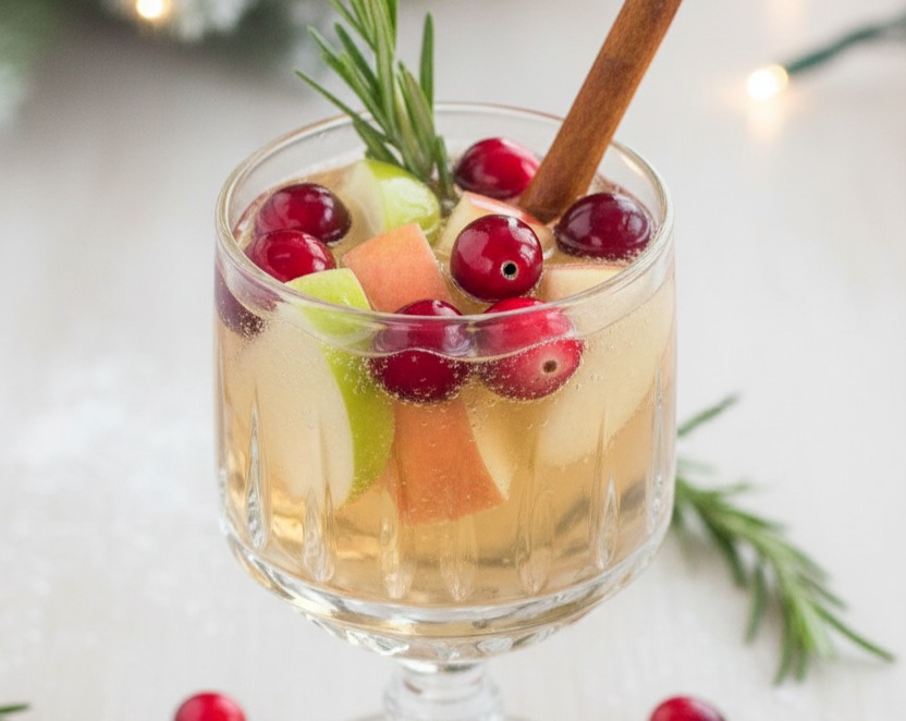 Maria's Elegant White Christmas Sangria Cranberry Rosemary Cinnamon suggested serving