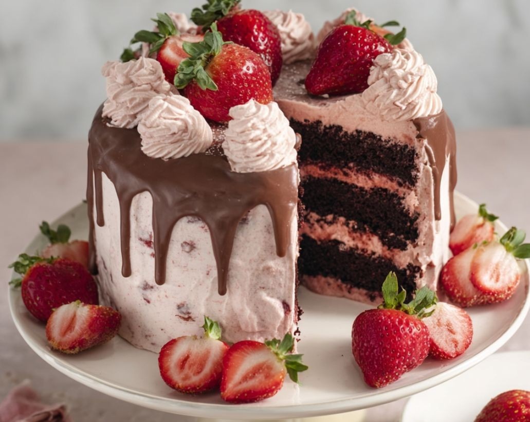 Decadent Dark Chocolate Strawberry Layer Cake Recipe top view