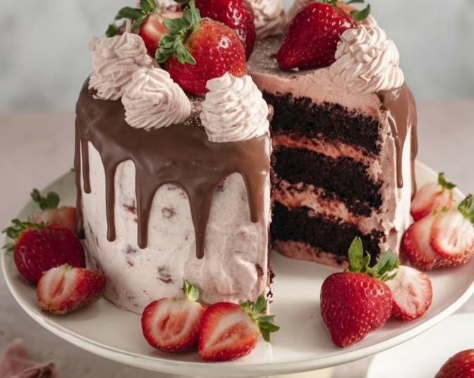 Decadent Dark Chocolate Strawberry Layer Cake Recipe suggested serving