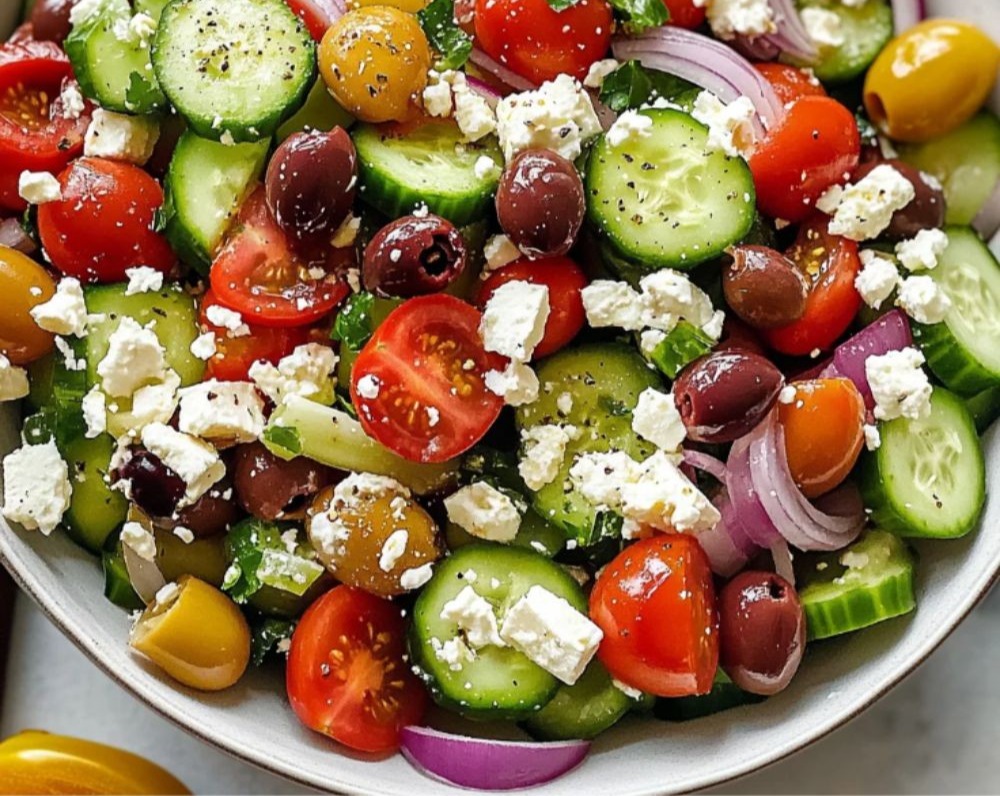Healthy Fresh Mediterranean Cucumber Tomato Onion Salad with Herbs top view