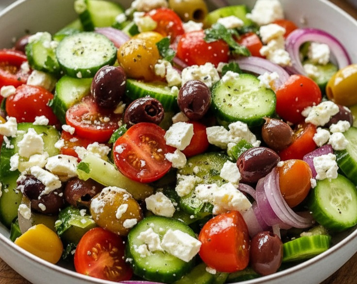 Healthy Fresh Mediterranean Cucumber Tomato Onion Salad with Herbs suggested serving