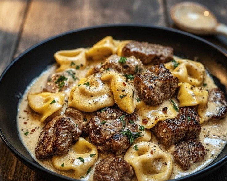 Skillet Garlic Steak Tortellini Bites Weeknight Dinner Recipe suggested serving