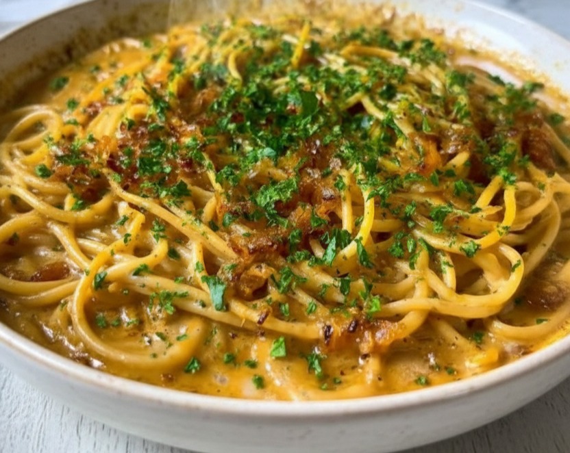 Easy Yummy Caramelized Onion Garlic Spaghetti Simple Dinner suggested serving
