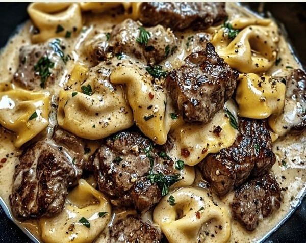 Garlic Steak Tortellini Skillet Pasta Dinner Recipe top view