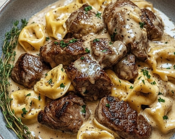 Garlic Steak Tortellini Skillet Pasta Dinner Recipe suggested serving