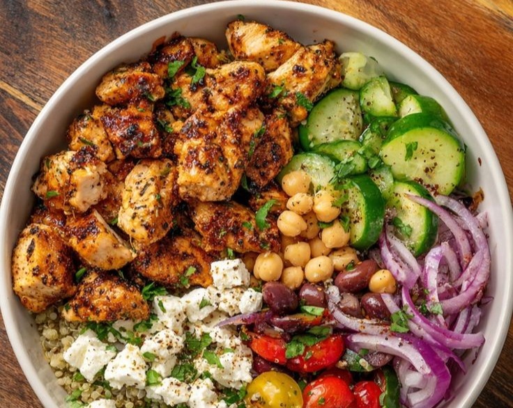 Healthy Mediterranean Chicken Bowl Simple Summer Protein Dinner top view