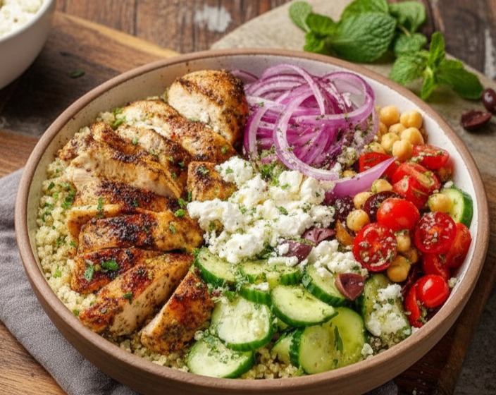 Healthy Mediterranean Chicken Bowl Simple Summer Protein Dinner suggested serving