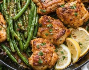 Lemon Garlic Butter Chicken Thighs Green Beans Skillet Dinner top view