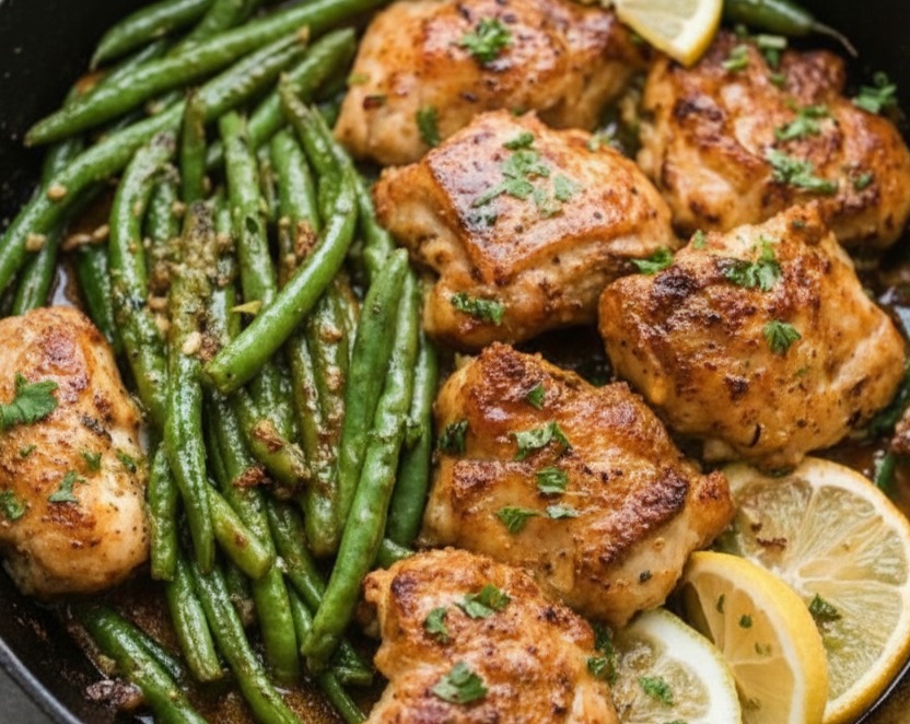 Lemon Garlic Butter Chicken Thighs Green Beans Skillet Dinner suggested serving