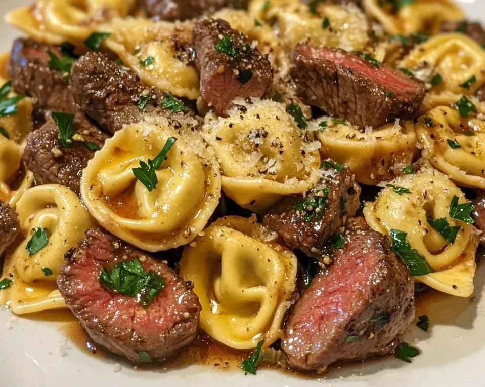 Skillet Garlic Steak Tortellini Yummy Family Dinner Pasta Dish top view