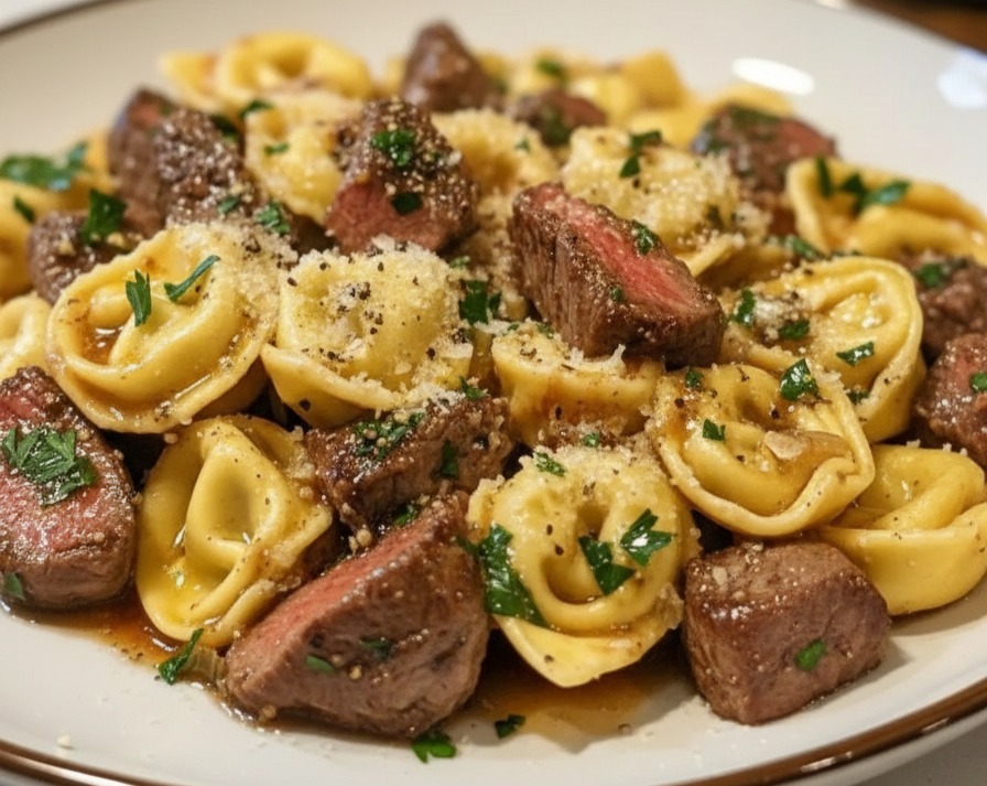Skillet Garlic Steak Tortellini Yummy Family Dinner Pasta Dish suggested serving